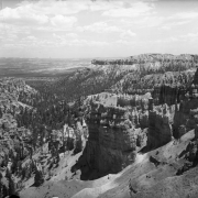 View of the eroded sandstone spires, pinnacles and fins known as hoodoos, Paunsaugunt Plateau, Bryce Canyon National Park (formerly Utah National Park) Utah.
