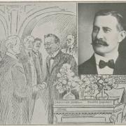 Political cartoon of State Senator Casimiro Barela with a studio portrait inset. The cartoon shows Senator Barela shaking hands with an unidentified senator near his desk. His desk has vases of flowers and letters that read: "Casimiro Barela Fourth District." The photo inset shows Senator Barela with a jacket, upright collar and bow tie, he wears a full, waxed mustache. Letters under the photo read:"Senator Casimiro Barela."