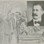 Political cartoon of State Senator Casimiro Barela with a studio portrait inset. The cartoon shows Senator Barela shaking hands with an unidentified senator near his desk. His desk has vases of flowers and letters that read: "Casimiro Barela Fourth District." The photo inset shows Senator Barela with a jacket, upright collar and bow tie, he wears a full, waxed mustache. Letters under the photo read:"Senator Casimiro Barela."