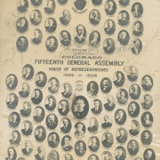 Poster shows photo vignettes of members of the Colorado Fifteenth General Assembly. "Senators," "members of the "House of Representative 1905-1906," "Lieut. Gov. Arthur Cornworth," and "Three Governors in 24 Hours : Alva Adams, Ex. Gov, Jesse McDonald, Gov. [and] James H. Peabody, Ex.Gov."  Casimiro Barela, State Senator from Las Animas County is at the top of the poster.