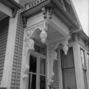 Salida, Chaffee County, Colorado, the Gray House features an ornate console portico over the entry. Wooden volutes and pendants adorn the Victorian style residence, built in the 1890's by G. R. Gray.