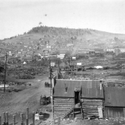 View of devastation after first fire on April 25, 1896, Cripple Creek, Colorado; undamaged log cabin with falsefront and gable roof is located on outside edge of devastated area; scene includes unhitched wagon, men standing in street and sifting through remains, and remaining section of commercial business district.