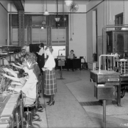 Interior view of the Mountain States Telephone and Telegraph Company exchange in Denver, Colorado; shows women working. A woman in a plaid dress and low heeled shoes is by signs: "Miss Fitzsimmons," and "Miss Andrews."