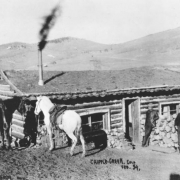 Harry Leonard and Spencer Penrose stand in front of Tutt and Penrose cabin, Cripple Creek, Colorado; one-story log cabin built in 1891 with low gable and sod roof; two saddled horses are teethered to corner of cabin; cabin includes stovepipe and wooden plank leading to front door; sparsely settled hillsides are in the background.