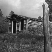 View of an abandoned, dilapidated, hewn log schoolhouse in the ghost town of Turret, Colorado in Chaffee County, shows a front gable, chinking, front window and door and peeling tar paper on roof. Summer, 1974.