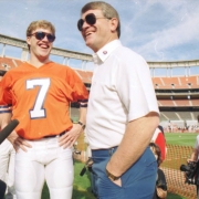 (SAN DIEGO, CA., January 26, 1988) Broncos quarterback John Elway laughs with head coach Dan Reeves as reporters ask questions at Jack Murphy Stadium in San Deigo during Press Day January 26, 1988, before Super Bowl XXll against the Redskins. (ROCKY MO...