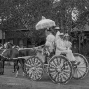 Business partners Charles L. Tutt and Spencer Penrose, Mrs. Tutt,  and Nina Crosby pose in a flower decorated buggy for the Sunflower Carnival Parade, Colorado Springs, El Paso County, Colorado. The men wear white suits and straw hats; the women wear flowered hats and carry a ruffled parasol.