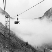 View, from an ore bucket on an aerial tramway, of the cloud covered Shenandoah-Dives Mine near Silverton (San Juan County), Colorado.