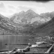 View across Maroon Lake towards Maroon Bells, near Aspen, Pitkin County, Colorado; shows North Maroon Peak and Maroon Peak.