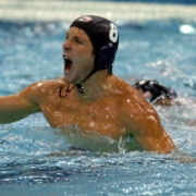 (Athens, Greece  on Sunday, Aug. 15, 2004) -American water polo Tony Azevedo celebrates a goal mid-way through the U.S.A.'s 7-6 win over Croatia at the Olympic Aquatic Centre Indoor Pool on Sunday night in Athens. Azevedo scored a buzzer-beating goal t...