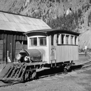 View of an automobile modified to be a rail car at the Sunnyside mine, Eureka (San Juan County), Colorado.