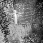View of a waterfall, possibly Cascade Falls, near Ouray, Ouray County, Colorado.