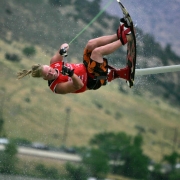 Darren Narens (CQ), gets some air as he competes in the advance division preliminaries Flip Out, Freeride, and Tricks Runs during day two of the Inaugural National Championships of the United States Hydrofoil Association at Soda Lake in Lakewood, Colo....