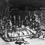 Native American (Hopi) antelope altar shows sandpainting; clay pedestals and crooks (ceremonial bows) around painting, water gourds, corn stalks, baskets, medicine bowl, rattles; Walpi pueblo, Arizona.