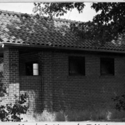 View of a brick restroom building in City Park in Denver, Colorado.