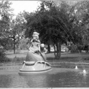 View of the Wynken, Blynken, and Nod statue in a fountain in Washington Park, Denver, Colorado.