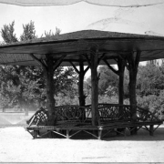 View of a covered wooden shelter in Cheesman Park, Denver, Colorado.