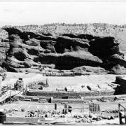 A view of construction at Red Rocks Amphitheater, Red Rocks Park, Morrison, Jefferson County, Colorado.  Shows the stage and seating area.