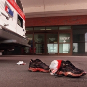 Bloody shoes and socks lie outside the emergency room at St. Anthony Central Hospital.