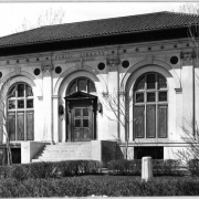 A view of the Charles E. Dickinson Branch Library of the Denver Public Library system located on Conejos Court and Hooker Street in Denver, Colorado. This building library was dedicated in 1913 and closed in 1954.