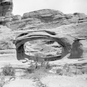 View of Tower Arch, a sandstone rock formation in Arches National Park, Utah.