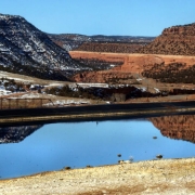 Uravan, CO.. A liquid evaporation and retention pond, one of several in Uravan, Colorado, used in the clean-up efforts of Uranium mining contaminated  land in what was once a town of about 700.    The liquid in the ponds is water collected since 1987 f...