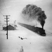 Denver and Rio Grande Western Railroad passenger train "The Scenic Limited" heads west in a blizzard at Soldier Summit, Wasatch County,Utah.