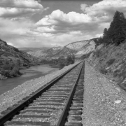 Denver and Rio Grande Western Railroad tracks on the Dotsero Cutoff follow the Colorado River in Eagle County, Colorado.