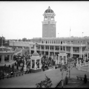 View of the White City amusement park (later named Lakeside) west of Denver, Colorado; shows small pavilions with banners, bandstand, and casino.