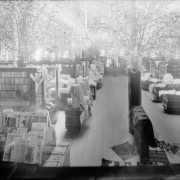 Interior view of the Daniels and Fisher store in Denver, Colorado; shows book shelves, tree branches, and racks of magazines with titles: "The American Boy," "The Etude," and "Rogers Bros."