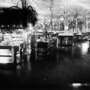 Interior view of the Daniels and Fisher store in Denver, Colorado; shows displays of crystal and glass vases and dinnerware; carved wood tables, and a potted palm.