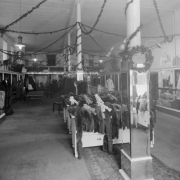 Interior view of the Daniels and Fisher store in Denver, Colorado; shows racks of fur shawls, Christmas trees, and taxidermied animals.