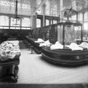 Interior view of the Daniels and Fisher store in Denver, Colorado; shows fabric, palms, glass display cases, and a wood parquet floor.