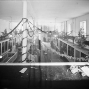 Interior view of the Daniels and Fisher store in Denver, Colorado; shows racks of clothes, Christmas trees, and taxidermied animals.