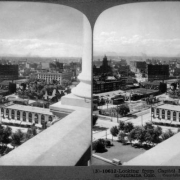 Rooftop view of downtown Denver, Colorado. Buildings include the Arapahoe County Courthouse, Majestic Building, and the YMCA Building.