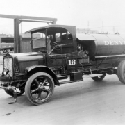 View of a water tank truck for street cleaning in Denver, Colorado.