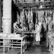 Interior view at Swift and Company in Denver, Colorado; shows men working, meat saws, and hanging sides of beef.