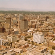 Aerial view of downtown Denver, Colorado and the Capitol Life Insurance Company building at 16th (Sixteenth) Avenue and Grant Street. Buildings include the Bank Western Building, Security Life Insurance Building, and the Hilton Hotel.