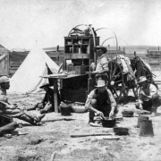 View of group of men with meal at chuckwagon, shows barn, tent and horse, Colorado.