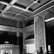 Interior view of the William Church house at 10th (Tenth) Avenue and Corona Street in the Capitol Hill neighborhood of Denver, Colorado. The walls have decorative leather work and the ceiling has ornate trim.