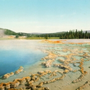 View of Sapphire Pool, a hot spring with mineral incrustations, Yellowstone National Park, Wyoming.