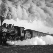 Train #610, passenger train; smoke and steam effect. Photographed: leaving Lincoln, Nebr., February 21, 1932.