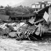 Pieces of the dance pavilion at the resort in Eldorado Springs, Colorado, lie in ruins on the banks of South Boulder creek after the flood that roared down the valley in 1938.