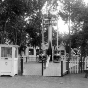 View of an attraction at Lakeside Amusement Park in Lakeside (Jefferson County), Colorado; ticket booth reads: "15 cents."