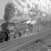 Westbound freight train, fine smoke effect; 51 cars, 35 MPH.   Photographed: near Riview, Wyo., November 29, 1941.