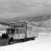 "Galloping Goose," as train #371; snowy scene. Photographed: leaving Ridgway, Colo., February 23, 1940.