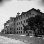 View of the J.K. Mullen Home for the Aged (later the Little Sisters of the Poor Mullen Home) at 3629 West 29th (Twenty-ninth) Avenue in the West Highland neighborhood of Denver, Colorado. Shows a neoclassical style four story building with a cupola and a portico.