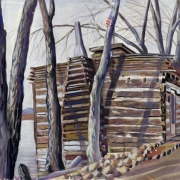 Watercolor and gouache painting shows the Eldorado Hotel, at 1249 10th (Tenth) Street, (10th near Larimer) Denver, Colorado. Built by Henri and Katrina Murat, This log building was the first hotel in the Denver area.