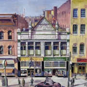 This watercolor and gouache painting shows the old Arcade, buildings at 1609-1615 Larimer Streets in Denver, Colorado; business signs read: "Gold Nugget Grill," "St. Vincent de Paul Salvage Bureau;" it features a carved stone pediment. The Arcade, a gambling establishment and saloon, was owned first by Ed Chase and then Vaso Chucovich.