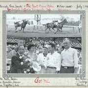 Montage shows Centennial Race Track in Littleton, Arapahoe County, Colorado. The upper photo shows the winning horse (Pet Me), the second place horse (Green Fighter), the third place horse (Blanter) and jockeys as they race at the "Great Plains Stakes." The Sponsor (Joe "Awful" Coffee) hands a trophy to the jockey (Ben Baker) and owner (C.B. McNeill) of "Pet Me" in the lower photo. A crowd of people is in the stands in the distance.